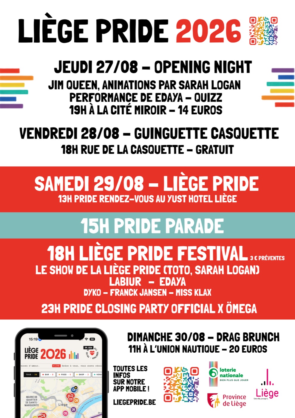 Programme de la Liège Pride 2026, du jeudi 27 au dimanche 30 août